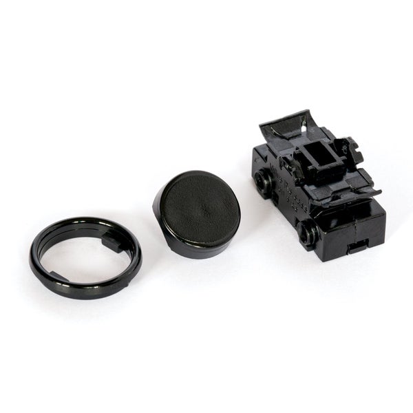 Schwarzes Set aus Kunststoff für einen Schalter mit Ring, Taste und Schaltmechanismus.