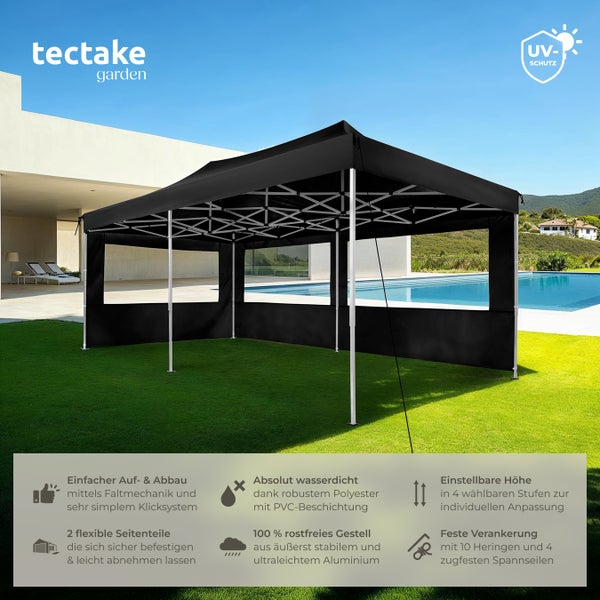 Pavillon tectake Viola inklusive Spannseilen, Heringen und Tragetasche 6 x 3 m, mit Aluminiumgestell schwarz