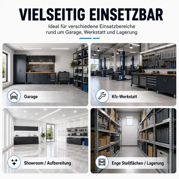 Vielseitige Nutzungsmöglichkeit der Werkstatteinrichtung in Garage, Kfz Werkstatt, Showroom und Lagerraum mit Regalsystemen.