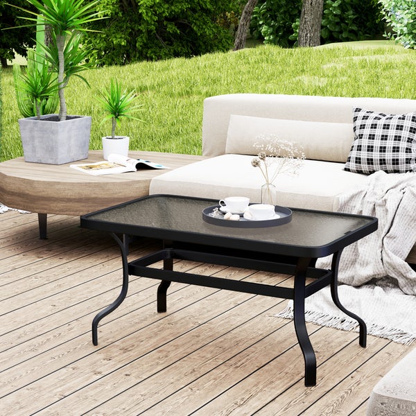 Outsunny Beistelltisch Hartglas Kaffeetisch Couchtisch mit Wellendesign, Abgerundete Ecke Balkontisch Gartentisch Sofatisch Teetisch Gartenmöbel für Wohnzimmer Garten Terrasse Balkon, 95x55 cm Schwarz
