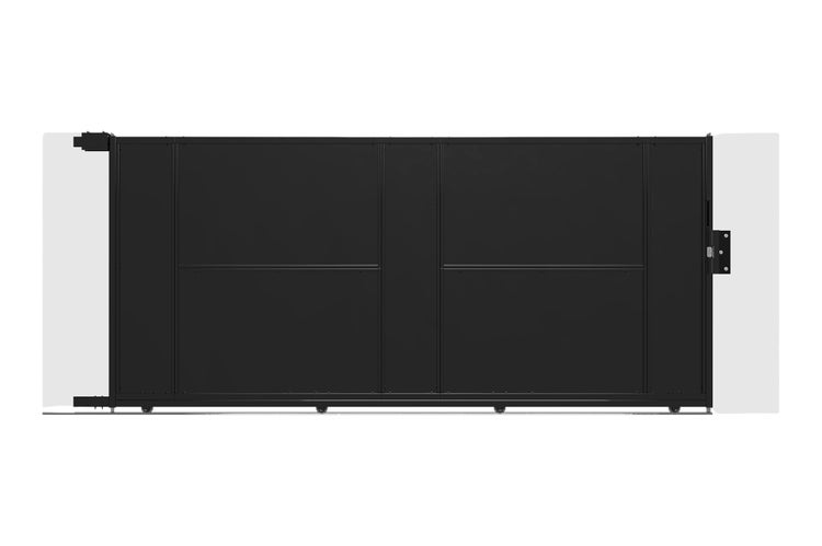 Schwarzes Schiebetor aus Metall für Einfahrten, modernes Design mit Rollen.