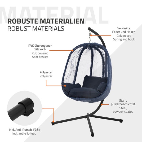 ML-Design Hängesessel mit Gestell und Sitzkissen + Abdeckung, Navyblau, Indoor & Outdoor, Hängesesselgestell mit Hängestuhl und Schutzhülle, Hängekorb Gestell aus Stahl, Garten & Balkon Hängeschaukel