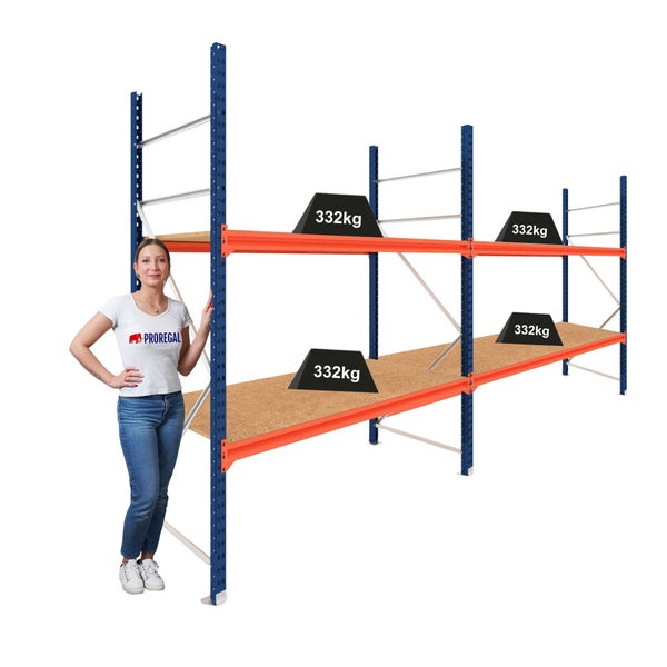 Proregal Weitspannregal mit Holzplatten, Tragkraft 332 Kilogramm pro Ebene, mit Person als Größenvergleich.
