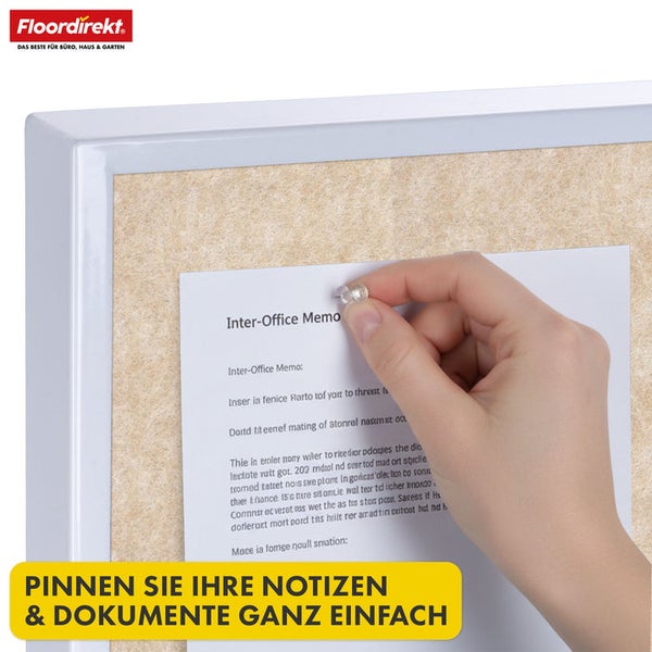 Eine Hand pinnt eine Notiz an eine Pinnwand mit einem weißen Rahmen.