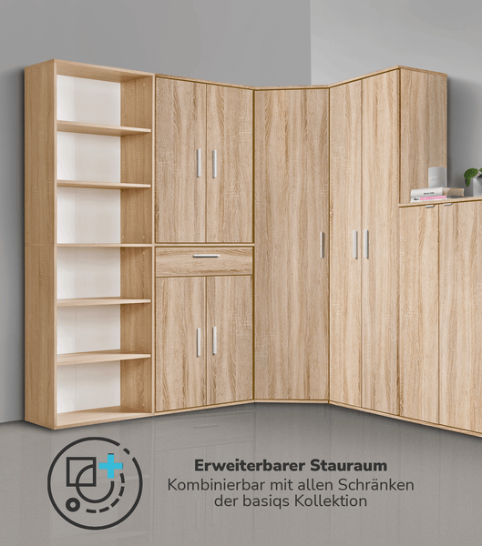 Modulare Schrankwand in Eichenoptik mit offenen Regalen, Türen und einer Schublade aus der basiqs Kollektion, flexibel erweiterbarer Stauraum.