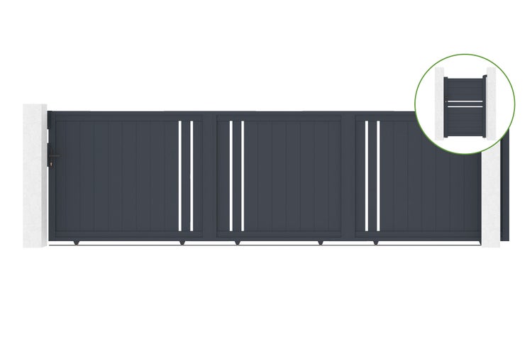 Schiebetor 5 m GIONA H.140 cm aus grauem Aluminium + Tor 1 M CIMONE H.140 cm aus