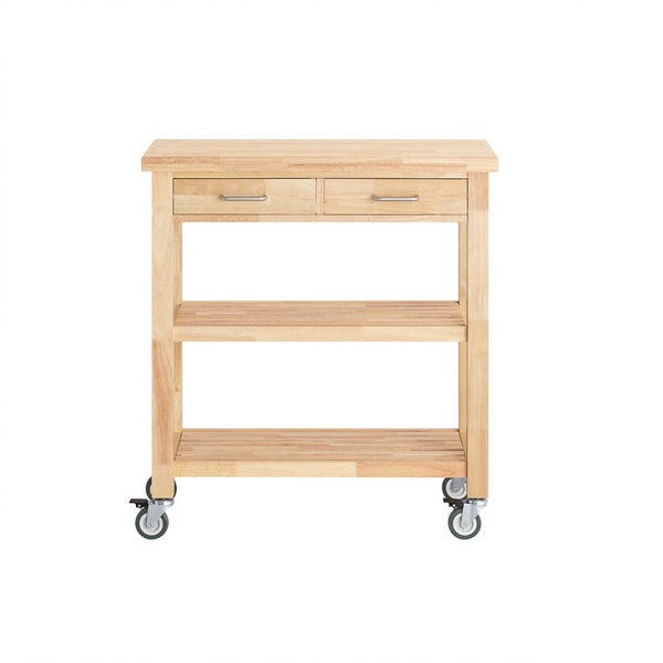 Küchenwagen aus Holz mit zwei Schubladen und Regalen auf Rollen