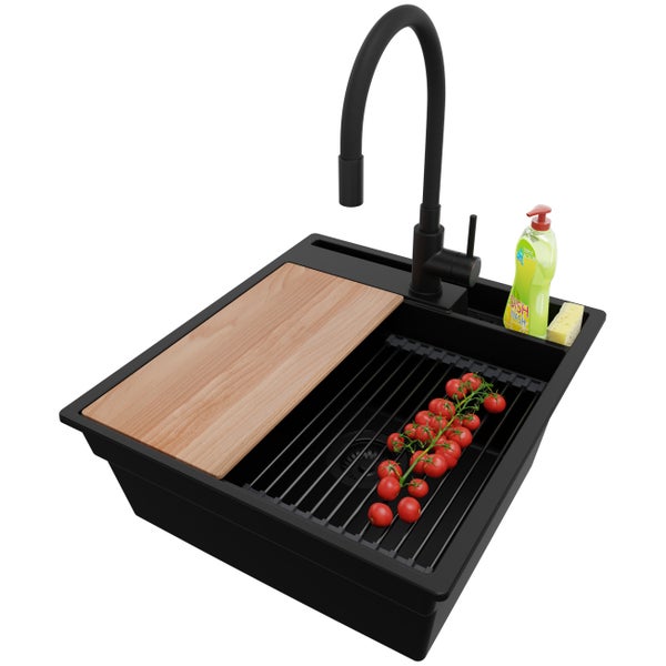 PRIMAGRAN Granitspüle Alles Schwarz 48x53cm, Spülbecken 1 Becken + Küchenarmatur 40x38cm + Ablauf-Set + Küchenzubehörset, Küchenspüle ab 50er Unterschrank - Oslo Pocket