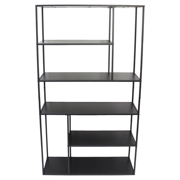 Schwarzes Standregal aus Metall mit asymmetrischen Fächern im modernen Design.