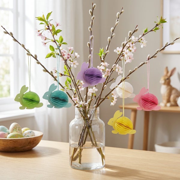 Osterstrauß in einer Glasvase, dekoriert mit hängenden Papierhasen in verschiedenen Pastelltönen und blühenden Zweigen.