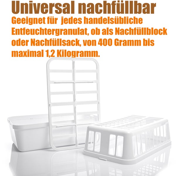 BigDean 4 Stück Luftentfeuchter + 8x 1,2kg Luftentfeuchtergranulat Nachfüllpack – Feuchtigkeits-Stopper nachfüllbar + wiederverwendbar – Luftentfeuchterbox ohne Strom