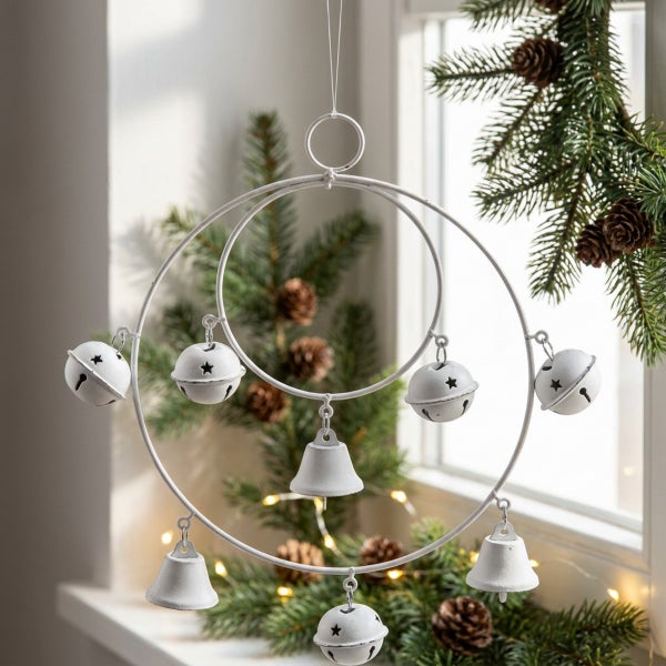 Hängende Weihnachtsdekoration aus Metall mit Glocken und Sternmotiven als festlicher Fensterschmuck