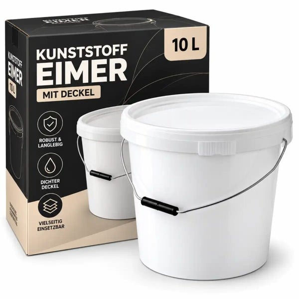 Kunststoffeimer mit Deckel, 10 Liter Fassungsvermögen, robust und langlebig, ideal für vielseitige Einsatzzwecke im Haushalt und Handwerk.