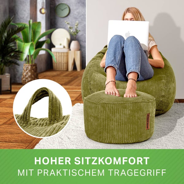 Green Bean 2er Set Indoor XXL Sitzsack + Pouf mit EPS-Perlen Füllung - Fußhocker Fußkissen Hocker Bodenkissen Liegekissen Sitzkissen Lounge Chair - Grün
