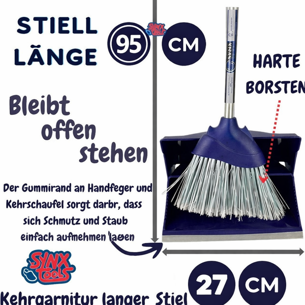 Kehrgarnitur mit langem Stiel und harten Borsten, Stiellänge 95 Zentimeter, Breite 27 Zentimeter