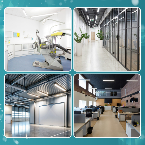 Collage verschiedener Innenräume mit linearen Beleuchtungslösungen: Zahnarztpraxis, Büroflur, Lagerhalle, Großraumbüro.