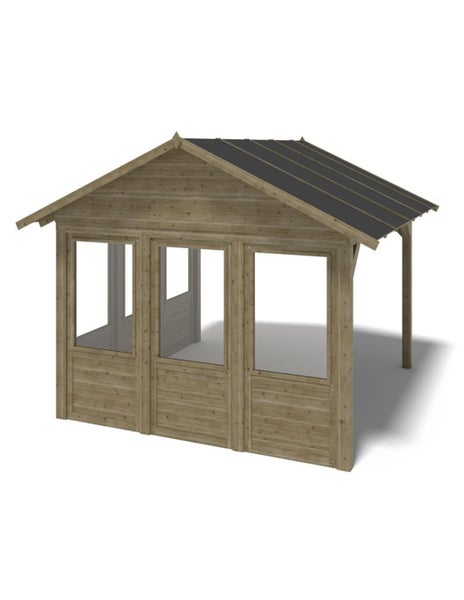 Gartenpavillon aus Holz mit drei großen Fensterelementen und Satteldach, ideal als überdachter Sitzplatz im Garten.