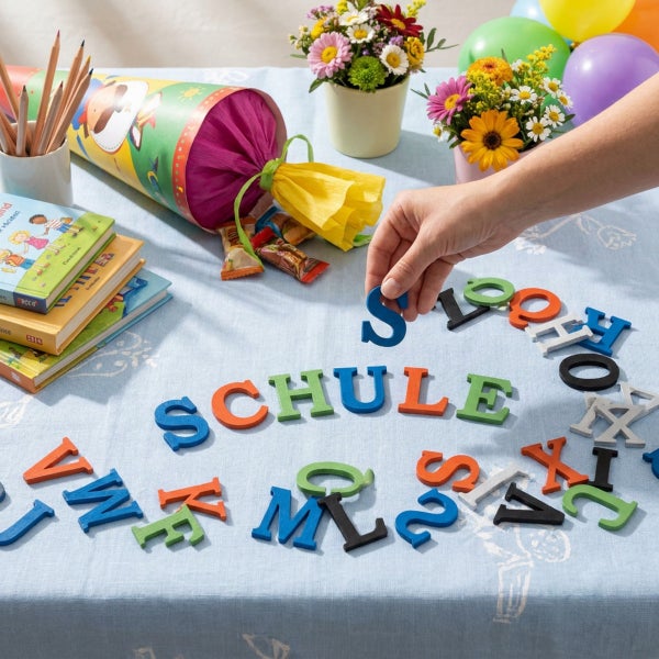 Eine Hand legt Holzbuchstaben auf einen Tisch, dekoriert mit einer Schultüte, Blumen und Büchern zur Einschulung.