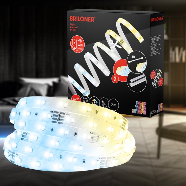 Briloner LED-Streifen-Set, 2 Meter, maximal 10 Watt, WLAN-Steuerung, einstellbare Farbtemperatur von warmweiß bis tageslichtweiß, mit Verpackung.