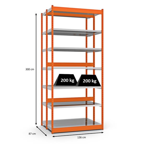 PROREGAL Fachbodenregal Stecksystem Vierkant-Profil Grundregal HxBxT 300 x 132,5 x 40 cm 2x7 Ebenen Doppelseitige Bauart Fachlast 200 kg Orange
