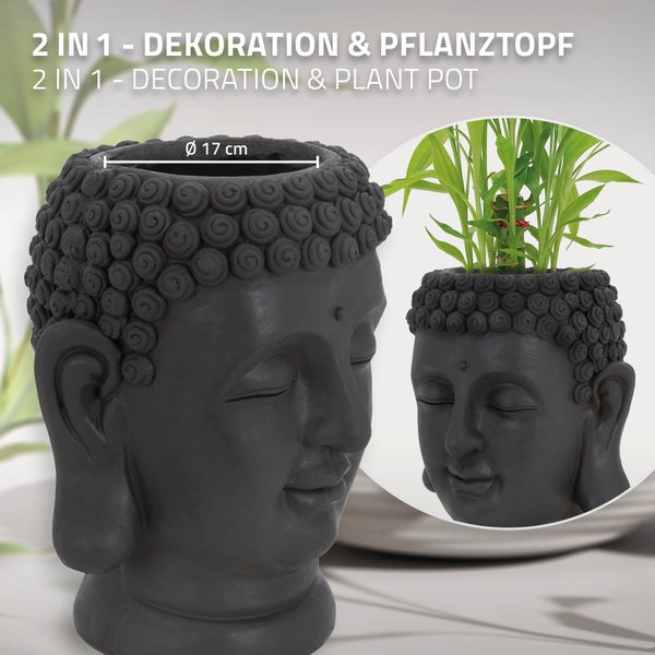 ML-Design Pflanztopf Buddha Figur Kopf 23x23x44 cm, Anthrazit, Harz, Innen- und Außenstatue, massiv, Groß Büste Skulptur, Pflanzgefäß Blumentopf Übertopf Gesicht Pflanzer Gartendeko Pflanzen Vase Urne