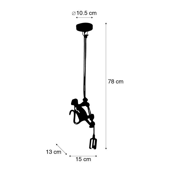 Maße der Hängeleuchte mit Affenmotiv: 78 cm hoch, 15 cm breit und 13 cm tief