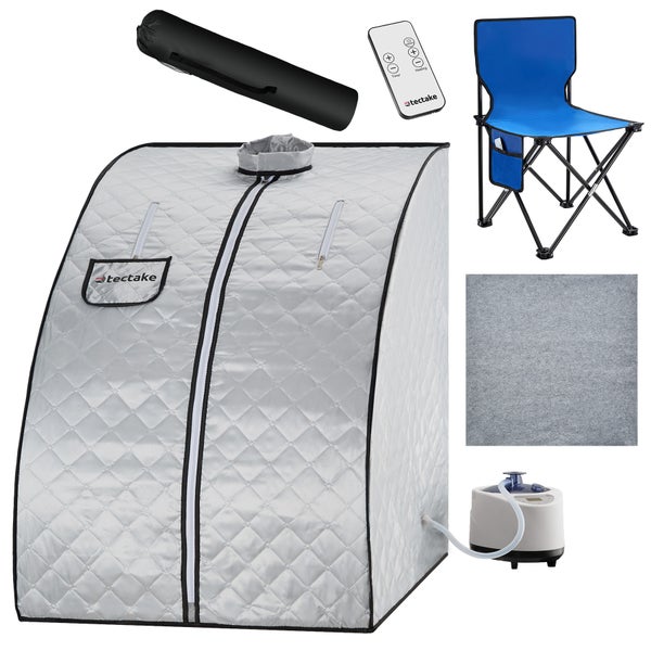 Mobile Dampfsauna tectake ThermaLuxe II inkl. Fernbedienung, Matte, Klappstuhl und Tragetasche 2 Liter Dampfgenerator mit 1000 W grau/blau