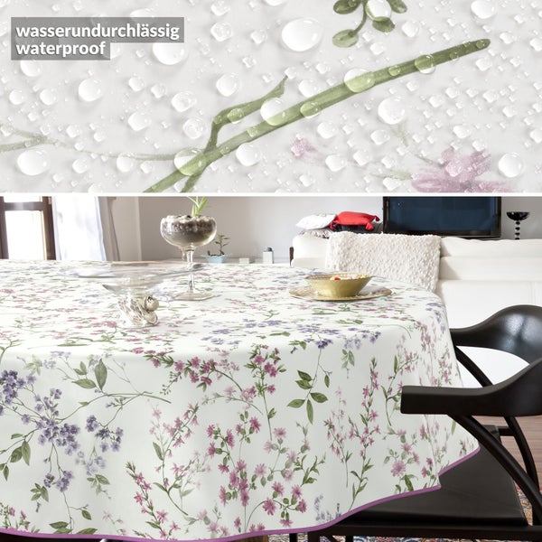 Wasserundurchlässige Tischdecke mit Blumenmuster auf einem Esstisch