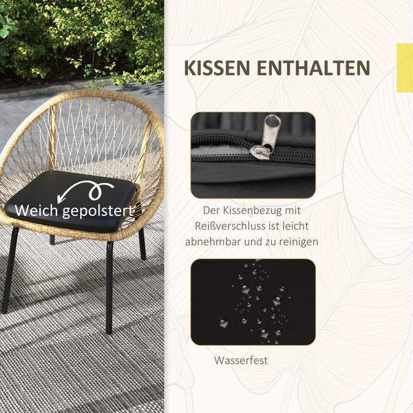 Outsunny 3-tlg. Rattan Gartenmöbel-Set, Balkonmöbel-Set mit Couchtisch, 2 Stühlen, Sitzgarnitur mit Kissen, Gartensitzgruppe für Balkon, Terrasse, Polyester, Gelb