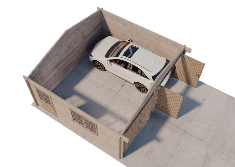 Draufsicht einer geräumigen Holzgarage ohne Dach mit einem weißen SUV auf einem Betonboden.