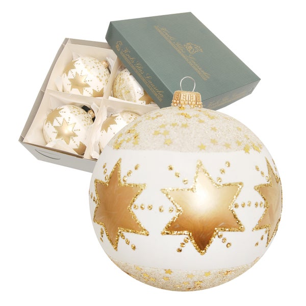 Gold/Weiß 10cm Glaskugel mundgeblasen und handdekoriert mit großen Sternen (4 Stück), 4 Stck., Weihnachtsbaumkugeln, Christbaumschmuck, Weihnachtsbaumanhänger