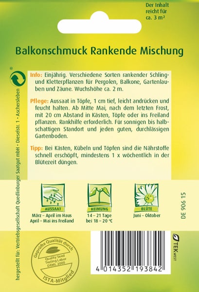 Rückseite der Samentüte Balkonschmuck Rankende Mischung mit Hinweisen zu Aussaat, Keimung und Blütezeit sowie Qualitätssiegel.