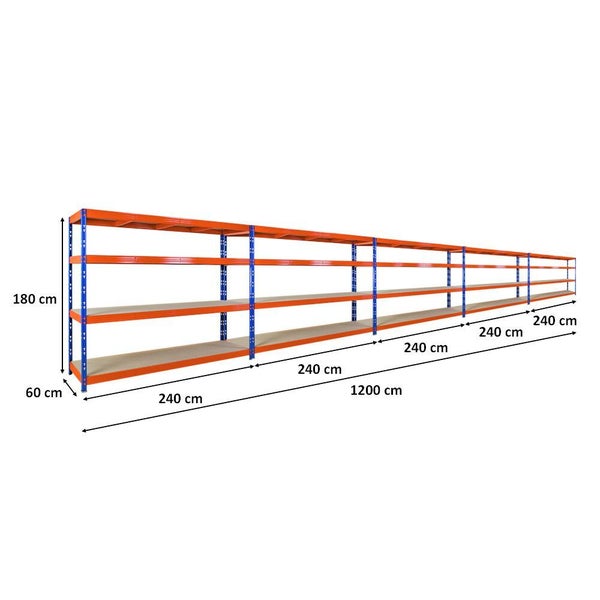 PROREGAL Mega Deal 5x Profi Schwerlastregal Rhino, HxBxT 180x240x60cm, 4 Spanplatten-Ebenen 8mm, Fachlast 450kg, Blau/Orange