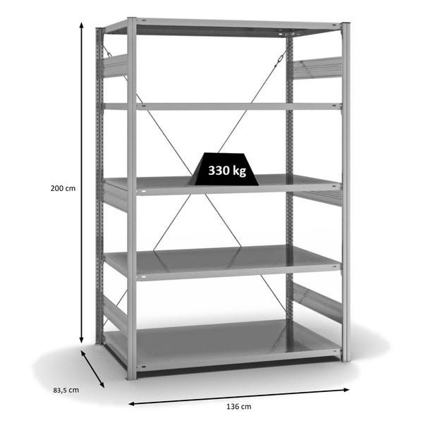 PROREGAL Fachbodenregal Stecksystem T-Profil Heavy-Duty Grundregal HxBxT 200 x 130 x 80 cm 5 Ebenen Fachlast 330 kg Einseitig Nutzbar Verzinkt