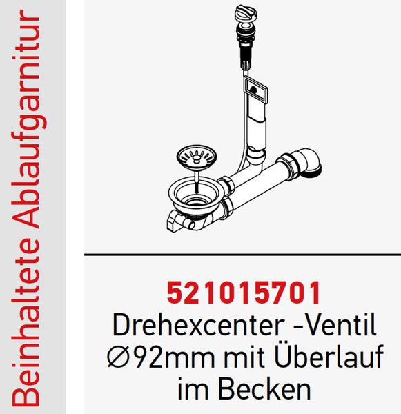 Drehexcenter Ventil Durchmesser 92 Millimeter mit Überlauf für Waschbecken