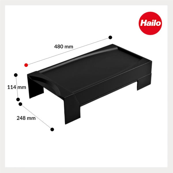 Hailo Sockel mit Maßen 480 Millimeter Länge, 248 Millimeter Breite und 114 Millimeter Höhe. Hailo Logo.