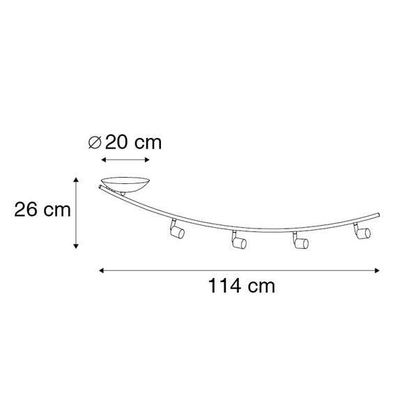 Technische Zeichnung einer Deckenleuchte mit fünf Strahlern, Höhe 26 cm, Durchmesser des Schirms 20 cm und Länge 114 cm