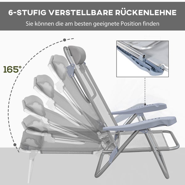 Gartenstuhl mit in sechs Stufen verstellbarer Rückenlehne bis zu 165 Grad und Detailansicht der Armlehne.
