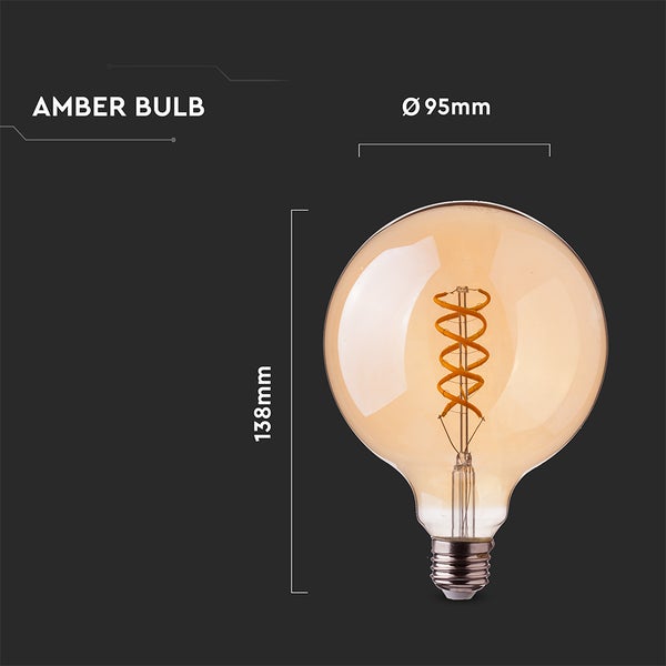Amberfarbene LED-Globelampe mit spiralförmigem Filament, Durchmesser 95 Millimeter und Höhe 138 Millimeter, E27-Sockel.