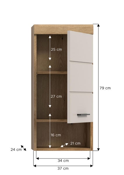 Bad-Hängeschrank in Holzoptik mit weißer Tür, 79 Zentimeter hoch, 37 Zentimeter breit und 24 Zentimeter tief, mit Detailmaßen der Innenfächer.