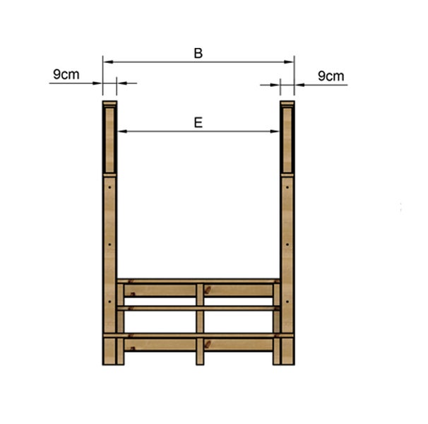 Technische Zeichnung eines Holzregals mit Maßangaben