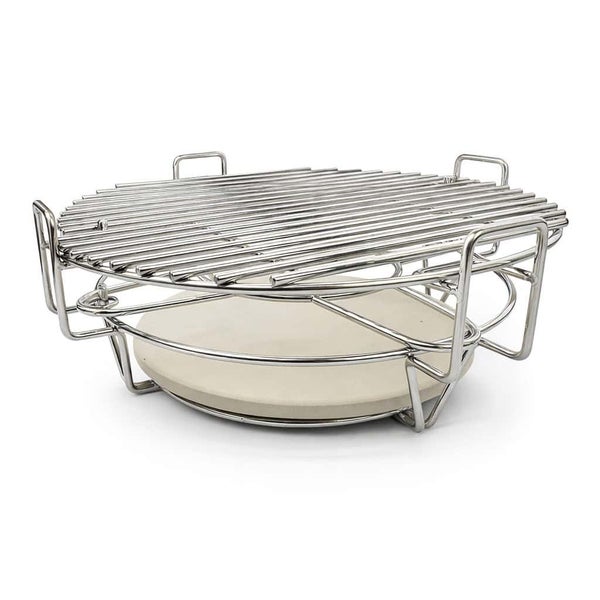 Zweiteiliger Grillrost mit Pizzastein aus Edelstahl für Rundgrills.
