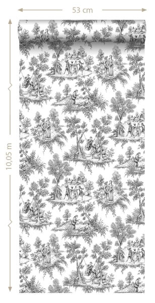 Tapete mit Toile-de-Jouy-Muster, historische Szenen mit Personen und Bäumen, Breite 53 Zentimeter, Länge 10,05 Meter.