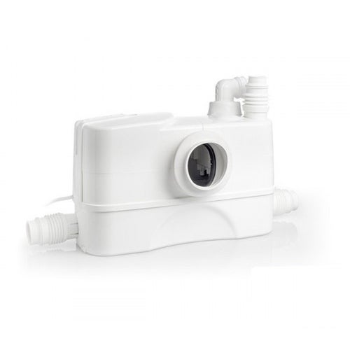 Kleinhebeanlage für Toilette und Sanitäranlagen aus weißem Kunststoff mit mehreren Anschlüssen.