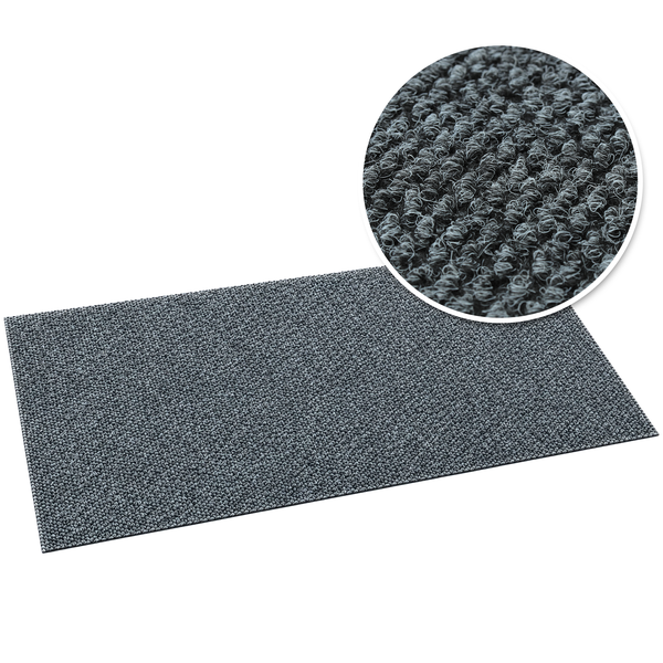 Rechteckige graue Schmutzfangmatte mit strukturierter Schlingenoberfläche und einer kreisförmigen Detailansicht des Materials.