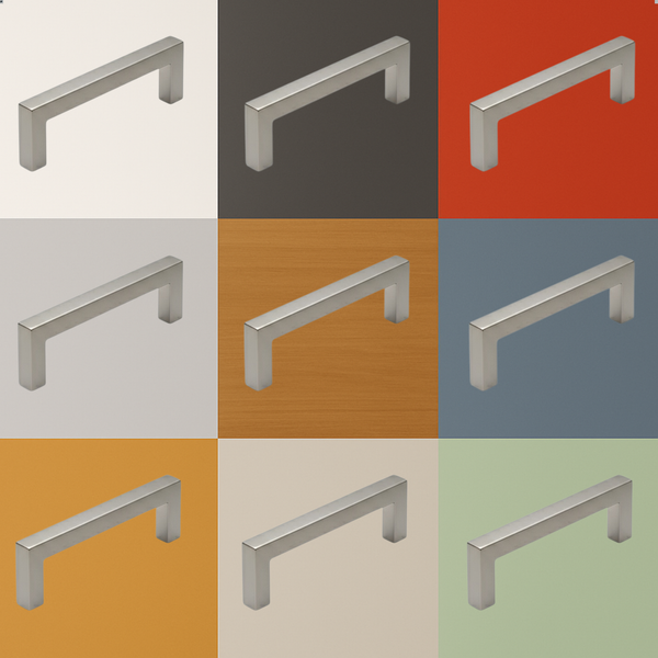 Collage von neun Möbelgriffen aus Metall