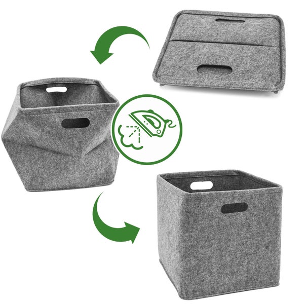 Faltbare Aufbewahrungsbox aus Filz mit Tragegriffen und Symbol für Glätten mit Dampfbügeleisen