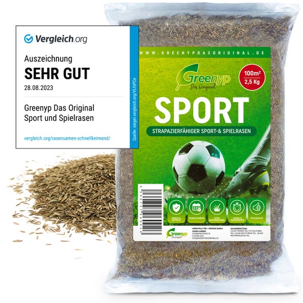 Greenyp Sport I strapazierfähiger Sport-& Spielrasen I 2,5kg für 100m² I Sportrasen Grassamen Rasensamen Rasensaat Gras Nachsaat schnellkeimend