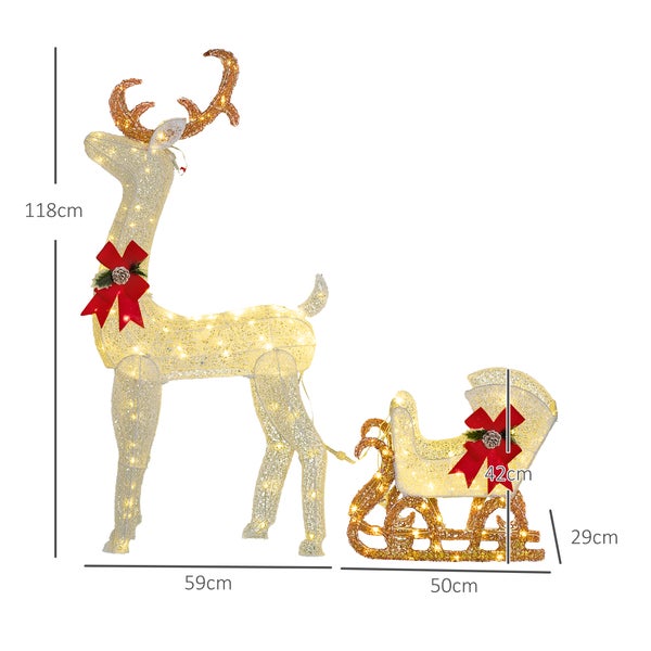 Outsunny LED Rentier und Schlitten Weihnachtsdeko mit 170 Lichtern, Weihnachtsbeleuchtung Hirsch Deko für Indoor, Outdoor, Weiß