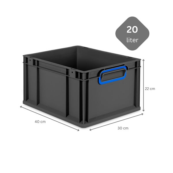 PROREGAL SuperSparSet 8x Eurobox NextGen Color mit Auflagedeckel und Schiebeschnappverschlüsse, HxBxT 22x30x40cm, 20 Liter, Schwarz, Griffe blau geschlossen, Eurobehälter, Transportbox, Transportbehälter, Stapelbehälter
